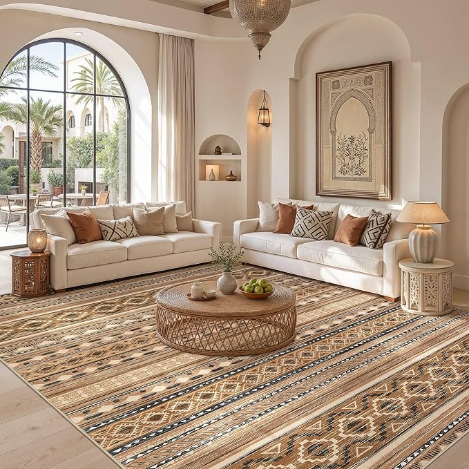 cotiled Boho 10x14 Area Rug for Living Room: Large Moroccan Washable Rug | Stain Resistan Carpet for Bedroom Farmhouse Brown Beige
