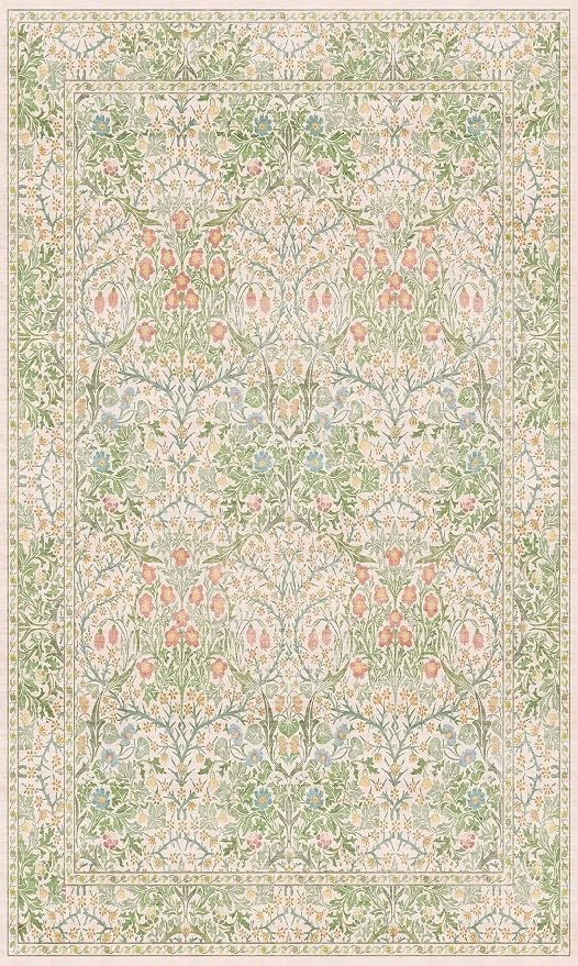 Washable Neutral Floral Living Room Rug, 3x5 Area Rugs for Bedroom, Nursery, Kitchen, Large Entryway, Vintage Non-Slip Throw Rug Low Pile Stain Resistant (3x5 Garden Green)