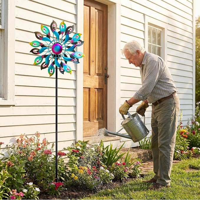 360°Peacock Solar Wind Spinner with Lights Blue Metal Garden Outdoor Decor Yard Lawn Art Decor for Patio Kinetic Windmills Unique Gifts for Friends and Family 51.9' H x 12.2'' Dia