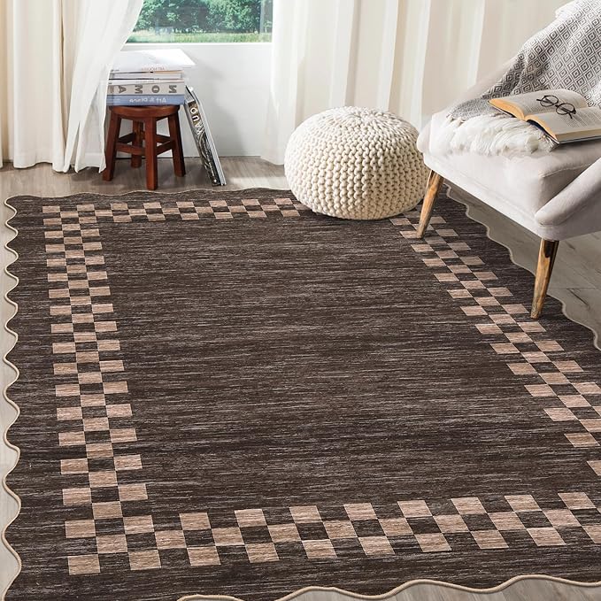 GarveeHome 8x10 Rug for Living Room Scalloped Washable Large Bedroom Rugs | Non Slip Stain Resistant Modern Border Dining Room Throw Carpet Neutral Scalloped Rug for Home Decor Office Nursery, Brown