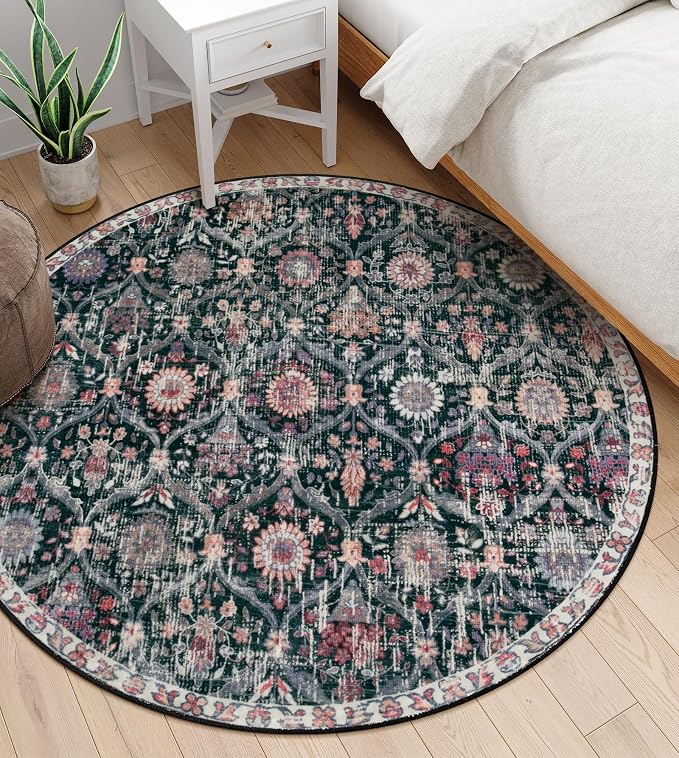 Lahome Moroccan Washable Round Area Rug, Soft Round Rug 5ft Soft Non-Slip | Trellis Non-Shedding Distressed Circle Carpet for Bedroom Living Room Bathroom Nursery Kitchen Elise, Black Multi