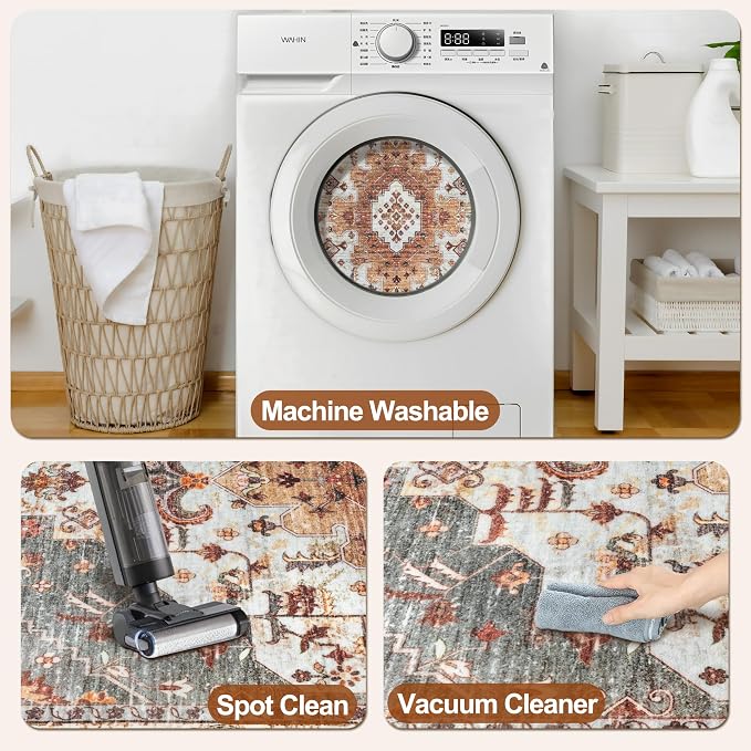 Tangsoo 3x8 Washable Runner Rugs for Hallway, Oriental Runner Rug Non Slip | Vintage Soft Low Pile Rug Runner, Boho Farmhouse Indoor 8ft Carpet Runners for Kitchen Bedroom Entryway Living Room Turmeric