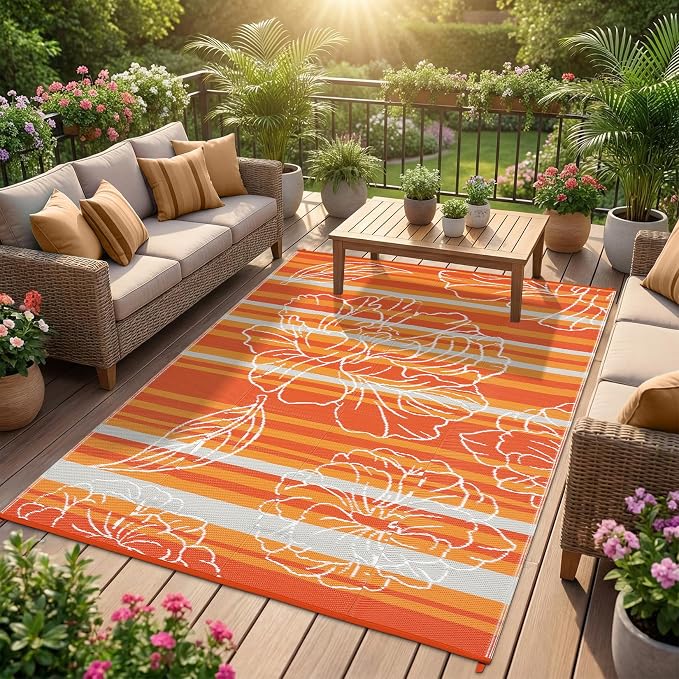 Garvee 6x9 Outdoor Waterproof Rug, Floral Outdoor Area Rug，Reversible Plastic Straw Patio Rug, Portable Camping Mat for RV, Picnic, Beach, Balcony, Garden & Camping Orange
