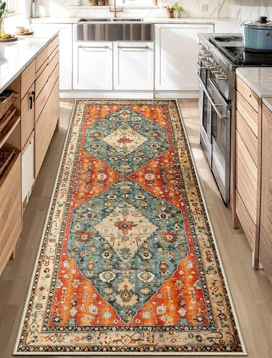 SERISSA 2x6 Washable Non Slip Boho Runner Rug for Hallway | Ultra Soft Vintage Oriental Carpet Low-Pile Distressed Tribal Floor Carpet for Kitchen Bedroom Bathroom Laundry Living Room