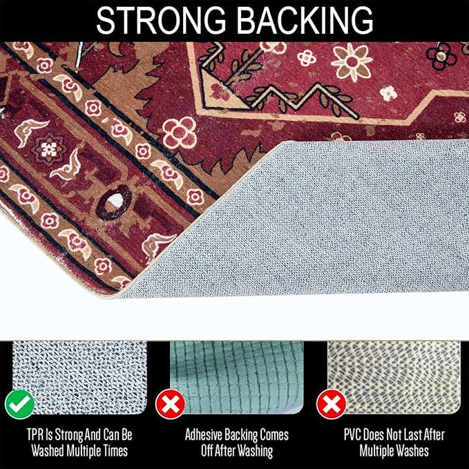 Vintage Tribal Faux Wool Red Boho Throw Rugs - 2x3, Non-Slip, Washable for Bathroom, Kitchen, Indoor, Entryway, Modern, Distressed, Tribal, Indian Accent Floor Mat