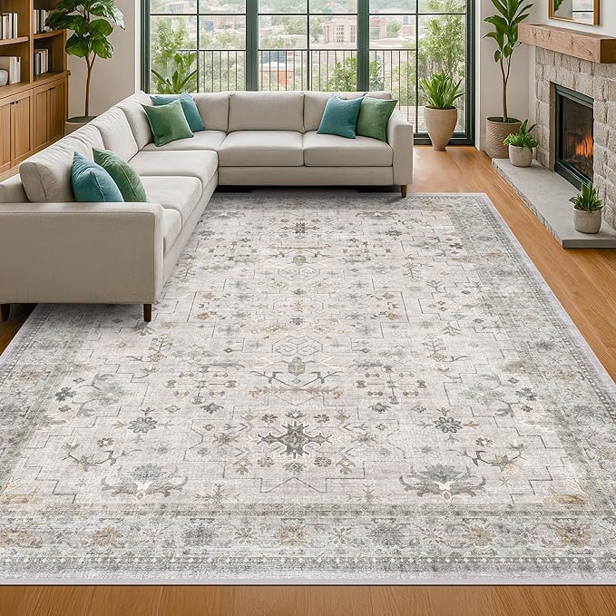 Light Gray & Sage Living Room Rug 8x10 - Washable Boho Low Pile Large Area Rug for Dining Room, Bedroom Carpet, Distressed Vintage Floral Design, Low Pile Stain Resistant