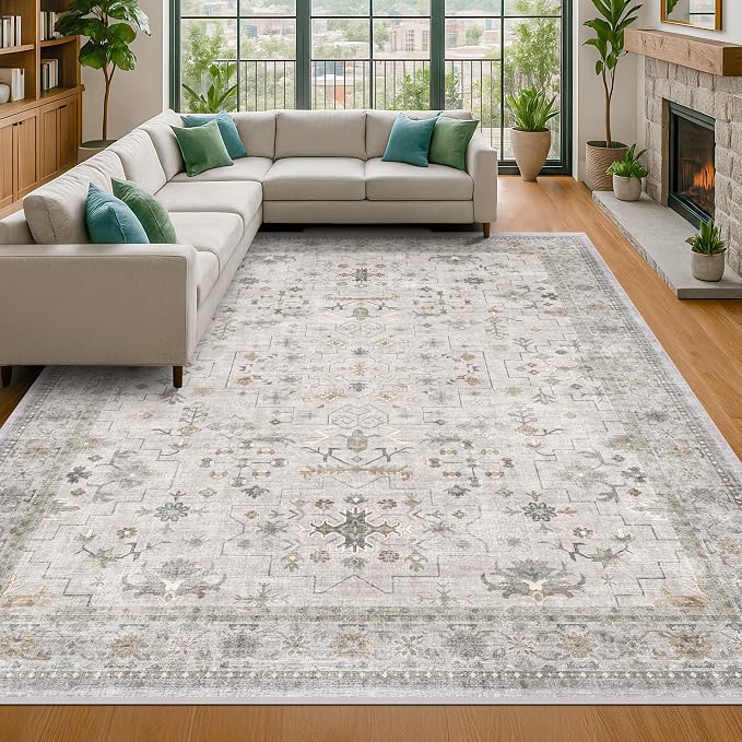 Large Light Gray & Sage 9x12 Living Room Rug - Vintage Floral Area Rug for Dining Room, Washable Low Pile Bedroom Carpet, Modern Eclectic Geometric Decor & Stain Resistance