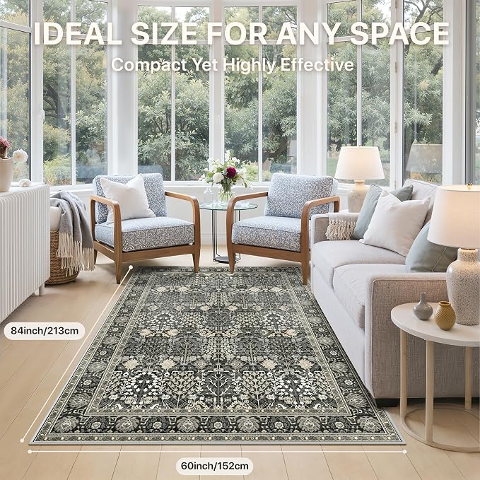 5x7 Washable Area Rug Non Slip for Living Room, Black | Ultra Thin Boho Floral Rug, Low Pile Lightweight Carpet for Bedroom, Dining Room and Home Office