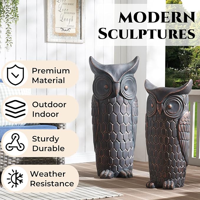 Wallowa 32 inch Faux Stone Owl Sculpture, Large Garden Ornaments, Standing Tall Statue for Indoor and Outdoor Decor, Suitable for Living Room, Entryway, Porch, Backyard, Patio, Retro Bronze Color