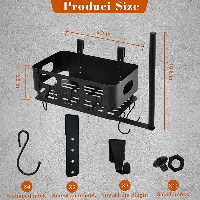 Storage Bin for Traeger Grills,BBQ Basket with Paper Towel Holder,7 Metal Hooks Compatible with Traeger Pro 20/22/34/575/780, Ironwood 650, Z Grills, Pit Boss Pellet Grills Black
