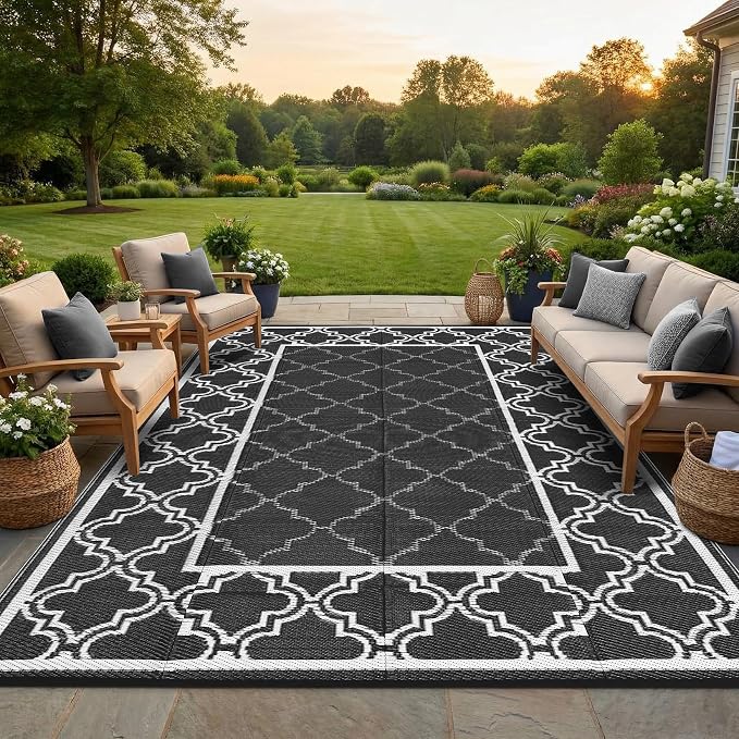 Garvee Reversible Outdoor Rug 10x14, Waterproof Outdoor Plastic Straw Rug with Interlacing Pattern, RV Mat for Picnics, Patio, Camping, Balcony, Deck, Backyard, Porch