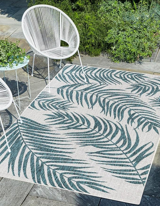 Unique Loom Outdoor Botanical Collection Area Rug - Palm (5' 1" x 8' Rectangle, Teal Ivory)