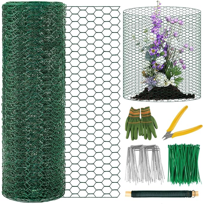 Plant Protectors from Animals, 16.4 x 16In Green PVC Coated Galvanized Chicken Wire Mesh Roll, 0.8mm Free-Cut Plant Cage with Ties, Stakes, Gloves, Pliers & Floral Wire (33Ft*23.6In(23.6X 394 Inch))