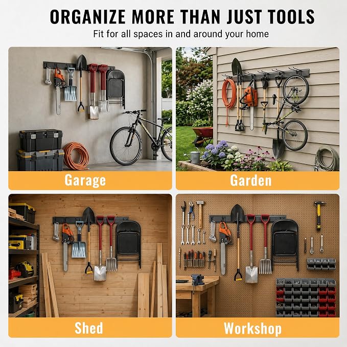 CBWLWJ 64 Inch Garage Tool Organizer Wall Mount, Heavy Duty Steel Storage Rack with 10 Adjustable Hooks, 680 lbs Capacity for Garage, Shed, Basement, Workshop,（Black）