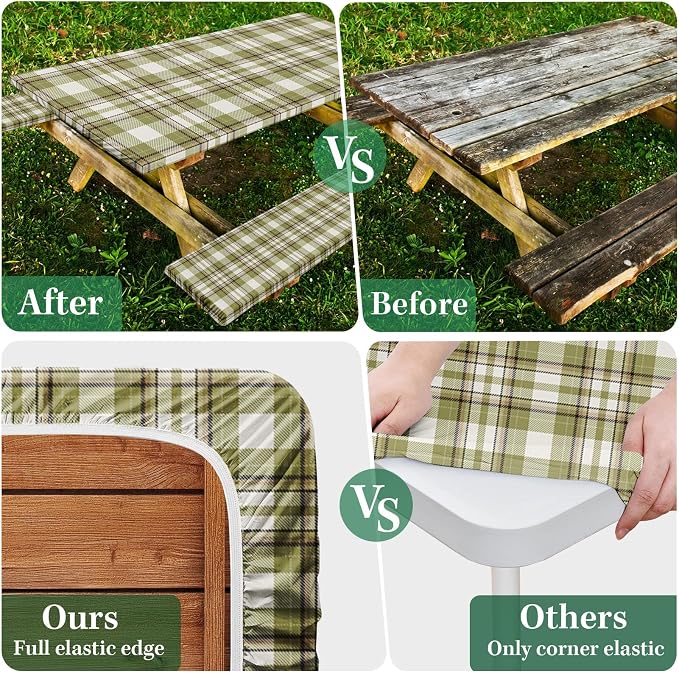 Picnic Table Cover with Bench Covers Elastic Edges, Green Plaid Fitted Table Cover, Outdoor Patio Camping Essentials 72 Inch 3PCS, Waterproof Camping Fitted Tablecloth with Drawstring Bag
