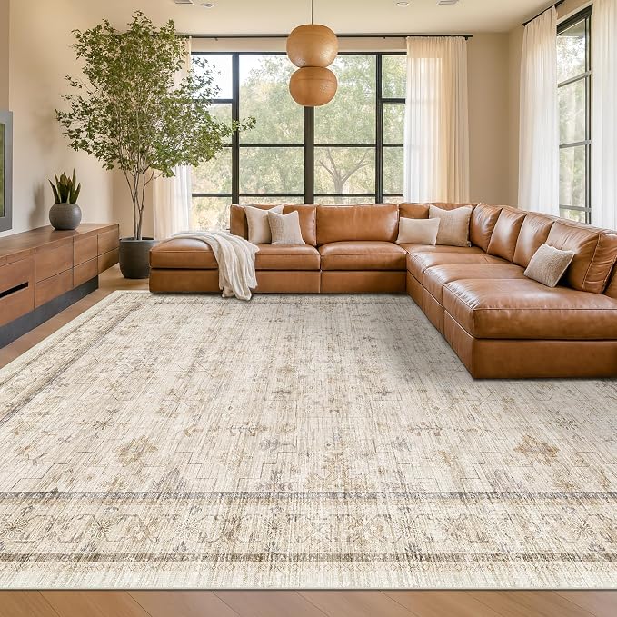 Washable Ivory Living Room Rug, 8x10 Non Slip Area Rugs for Bedroom, Dinning Room Under Table Low Pile Neutral Farmhouse Vintage Foldable Decor