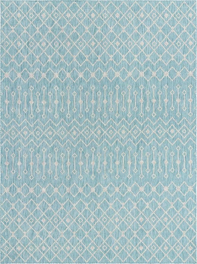 Unique Loom Outdoor Trellis Collection Area Rug - Tribal Trellis (10' x 13' 1" Rectangle, Aqua/ Ivory)