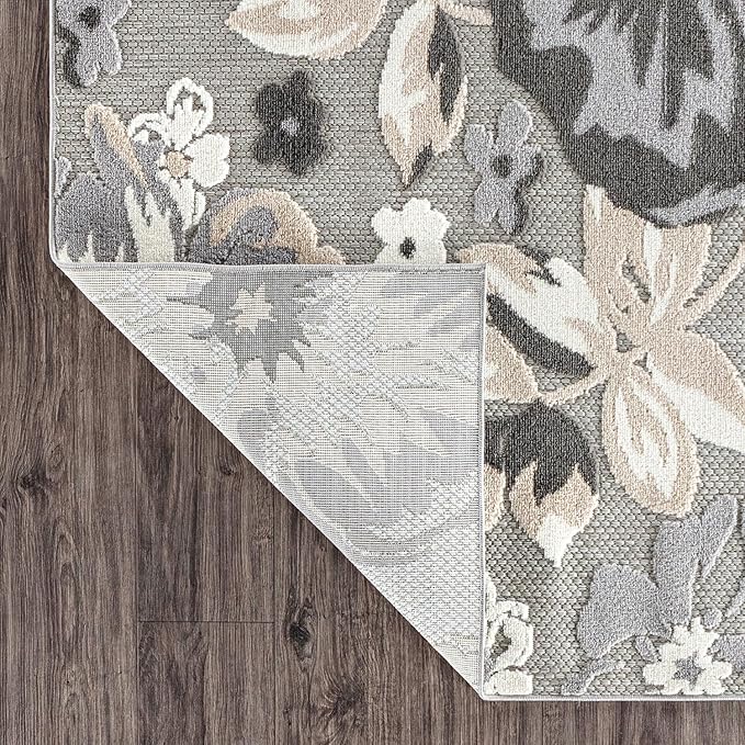 Rugshop Bergamo Contemporary Floral Non-Shedding Easy Cleaning Patio Deck Backyard Indoor/Outdoor Runner Rug 2' 7" X 8' Gray