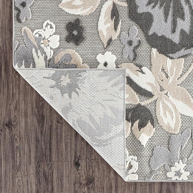Rugshop Bergamo Contemporary Floral Non-Shedding Easy Cleaning Patio Deck Backyard Indoor/Outdoor Area Rug 12' X 15' Gray