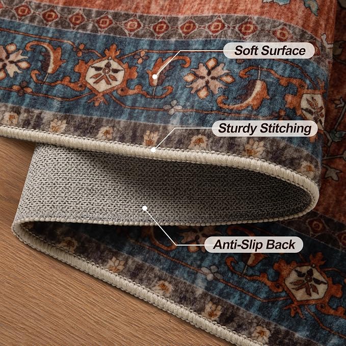 Tangsoo Oriental 2x3 Washable Entryway Rugs, Non Slip Small Area Rug | Vintage Indoor Front Door Rug, Boho Print Door Mat Low Pile Throw Rugs for Entrance Entry Kitchen Bedroom Bathroom Terracotta