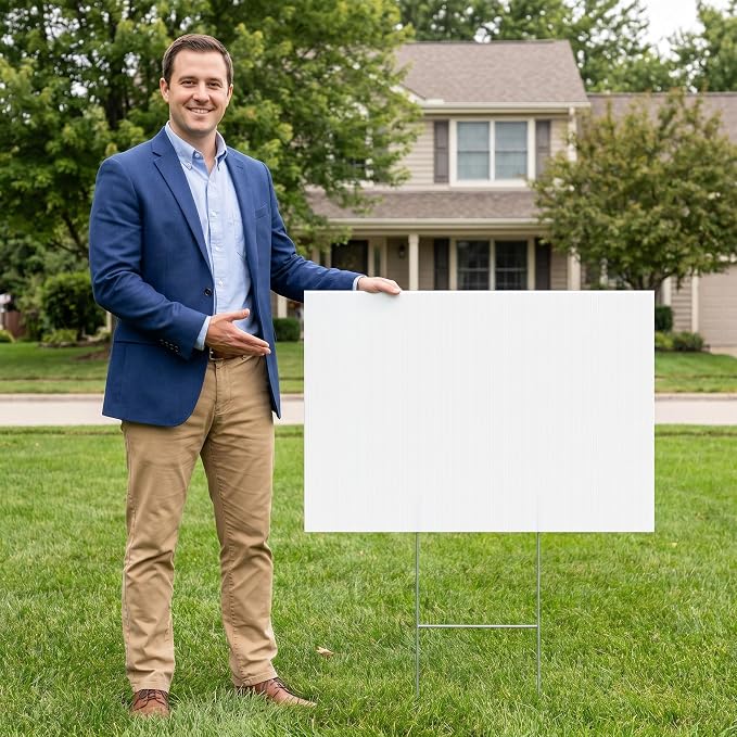 10 Pack Large Blank Yard Signs with Stakes 24x36 Inch, 4mm Thick Corrugated Plastic Lawn Sign Kit, White Poster Board with 10 Metal H-Stakes for Real Estate, Garage Sale, Birthday, Campaign