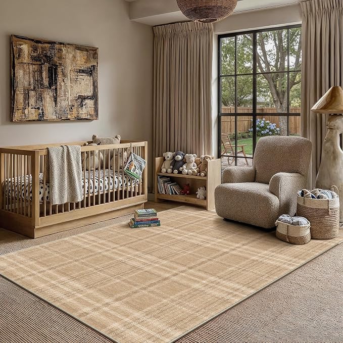 4x6 Brown Plaid Bedroom Area Rug | Washable, Low Pile, Modern, Neutral, Soft, Non Slip, Rug for Living Room Dining Room Nursery Office Indoor Home Decor