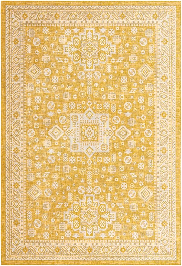 Unique Loom Outdoor Aztec Collection Area Rug - Chalca (10' x 14' 1" Rectangle, Yellow/ Ivory)
