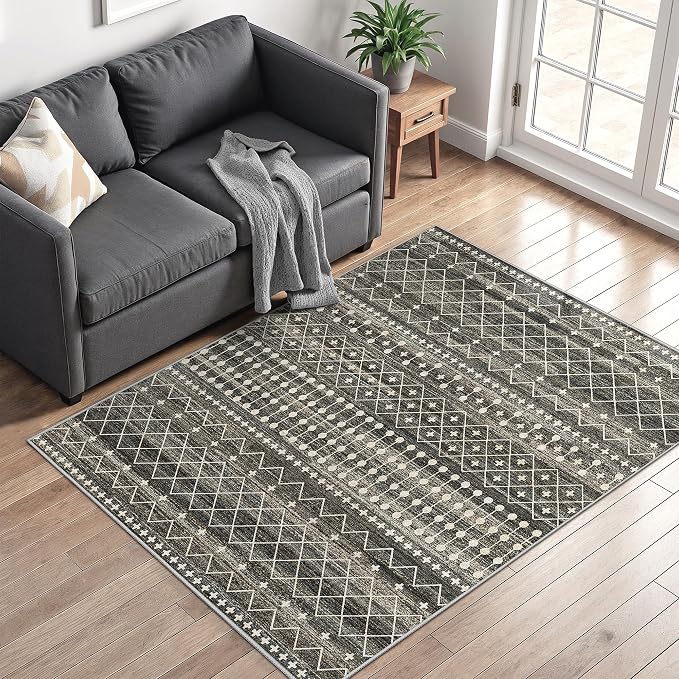Miukiki 3x5 Washable Area Rug Moroccan Soft Non Slip Entryway Rug Black | Machine Washable 3x5 Rug for Bedroom Kitchen Living Room, Low Pile Indoor Floor Carpet with Vintage Pattern