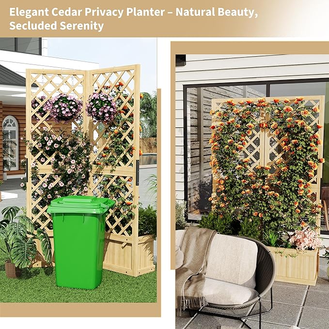 Cedar Privacy Screen with Planter Box - 2-Panel Freestanding Garden Fence, 41 in x10 in x65 in Tall Outdoor Divider with Drain Holes & Raised Bed for Patio, Deck & Backyard (Natural Wood)