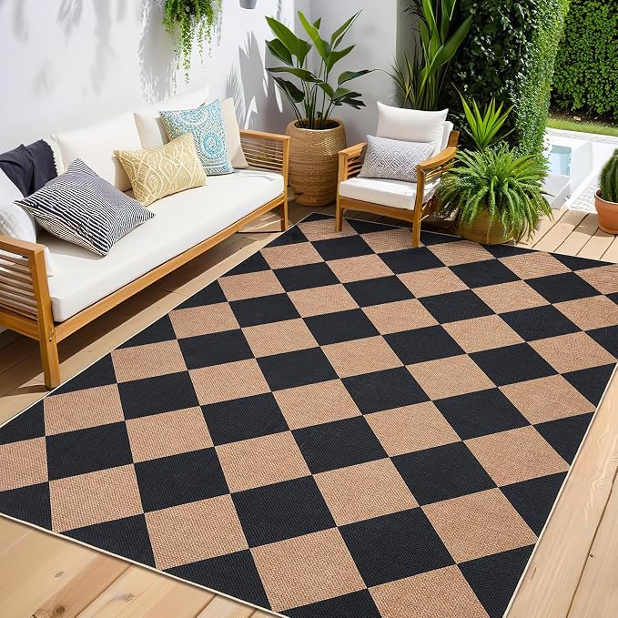 GarveeHome Checkered Easy Jute Area Rug 10x13 Machine Washable Non-Slip Stain Resistant Indoor Outdoor Rugs for Living Room, Bedroom, Kitchen, Dining, Patio Farmhouse Style Black Tan