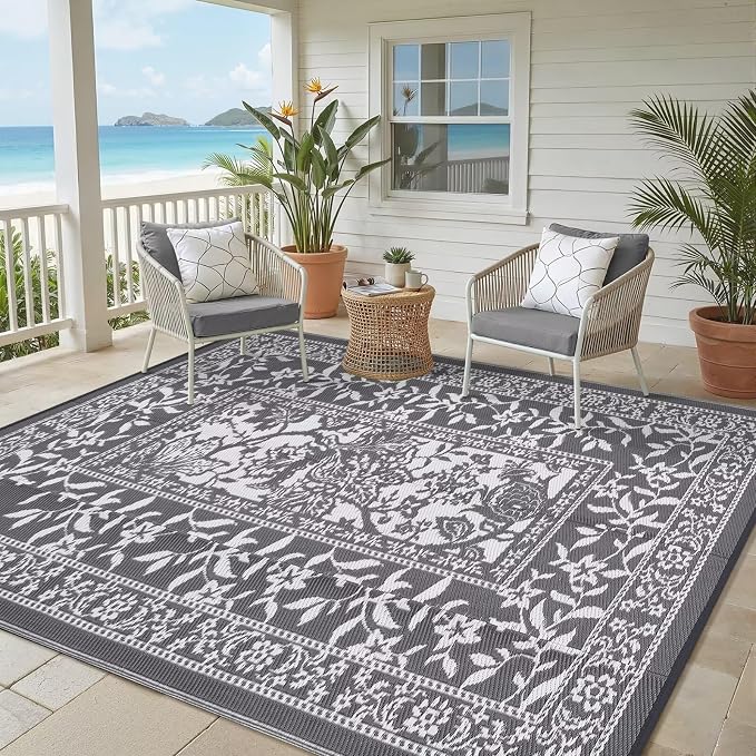 Garvee Outdoor Rug 8x10, Waterproof Reversible Foldable Plastic Straw Rug, Botanical cottagecore Outdoor Rugs Patio Camping RV Carpet for Deck Camper Porch Balcony Backyard Picnic Beach Grey