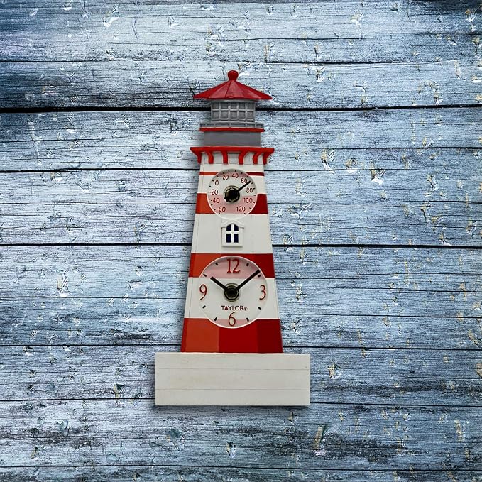 Taylor Lighthouse Poly Resin Indoor and Outdoor Clock and Thermometer, Home Decor for Garden, Patio, Pool, and Indoor Areas, 12-inch, Multi-Color