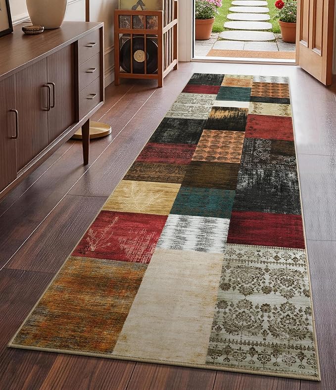 Mid Century Modern Vintage Cowboy Runner Rug 2x6,Retro Patchwork Bedroom Rug,Red and Brown Floral Farmhouse Rugs Washable for Hallway Non Slip,Geometric Boho Area Rugs for Living Room