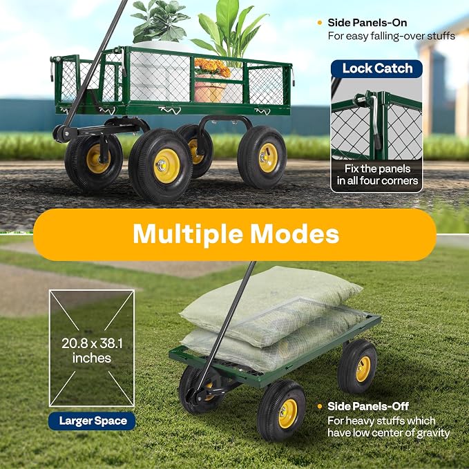 VIVOHOME Heavy Duty 880 Lbs 4.5 Cu Ft Mesh Steel Garden Cart Utility Wagon | Removable Sides and 4.10/3.50-4" Wheels 10 inch Tire(Green)
