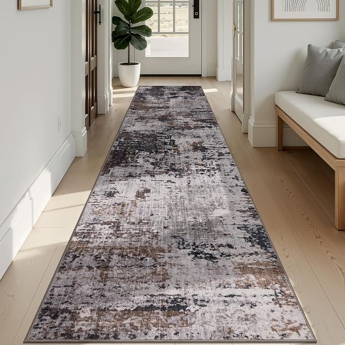 Sasttie 2x12 Runner Rug, Modern Abstract Hallway Carpet, Black & Brown | Machine Washable, Ultra-Soft Faux Wool, Low Pile, Non-Slip, Thin, for Entrance, Entryway, Kitchen & Laundry Room