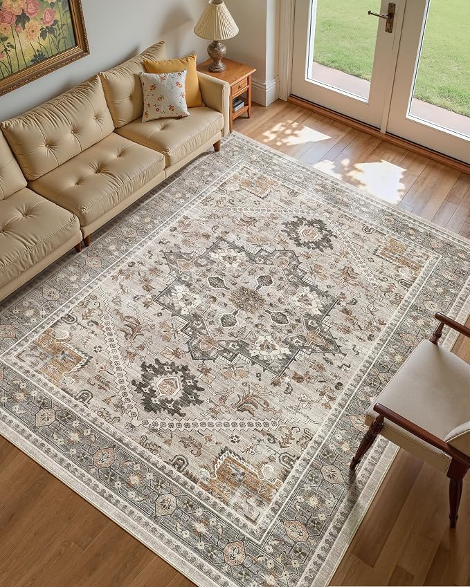 Washable Area Rug-10X14 Vintage Neutral Soft Taupe | Non Slip Thin Foldable Large Floor Carpet for Living Room Bedroom Kitchen Dining Room Home Office Farmhouse Indoor