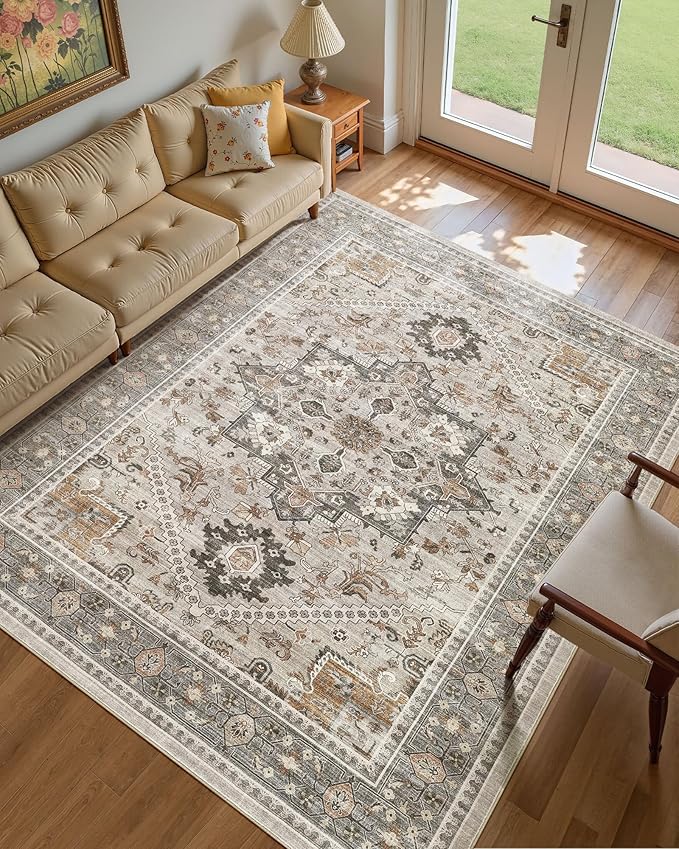 Washable Area Rug-9X12 Vintage Neutral Soft Taupe | Non Slip Thin Foldable Large Floor Carpet for Living Room Bedroom Kitchen Dining Room Home Office Farmhouse Indoor