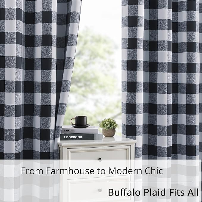 Black and White Buffalo Plaid 100% Blackout Curtains for Bedroom/Living Room, Energy Saving & Privacy, Noise Reducing, Grommet, W52×L96, 2 Panels