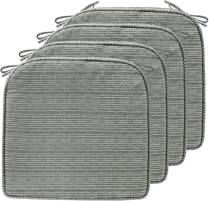 17 x 16 Inch Outdoor Chair Cushions with Tie Straps, Set of 4 Thick Water Repellent Round Patio Chair Pads for Garden Lawn Patio Furniture, Grey Linen Stripe