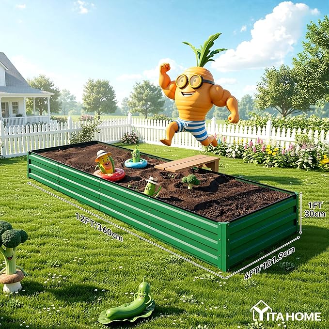 YITAHOME 12x4x1ft Galvanized Raised Garden Bed, Metal Planter Box with Safety Rubber, Gloves, Outdoor Flower Bed for Planting Plants Vegetables, Green