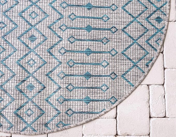 Unique Loom Outdoor Trellis Collection Area Rug - Tribal Trellis (4' 1" Round, Light Blue/ Ivory)