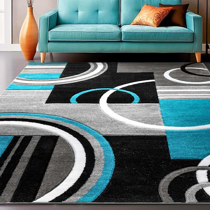 Well Woven Ruby Echo Shapes & Circles Geometric Blue 5 by 7 Rug - Medium Size Blue Rug, Thick Pile Carpet, Durable Easy Care Floor Covering, Stain Resistant, Contemporary Style, Modern Pattern