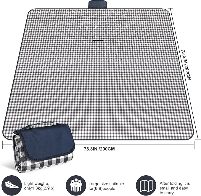 Extra Large Picnic Blanket,78” × 78” Large Camping Blanket,with Handle,Waterproof and sandproof Bottom,Machine Washable,Outdoor Foldable Hiking Blanket，Portable and Easy to Clean (Blue Grid)
