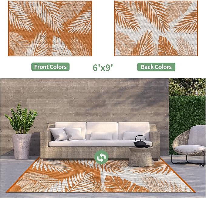 GENIMO Outdoor Rug 6' x 9' Waterproof for Patios Clearance, Reversible Outdoor Plastic Straw Camping Rug Carpet, Large Area Rugs Mats for RV, Camper, Deck, Balcony, Porch, Beach, Picnic, Orange&White