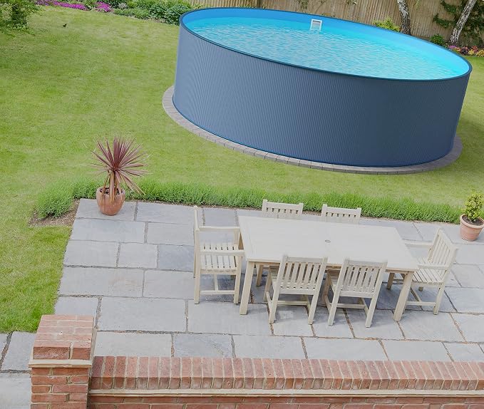 Steel Wall Pool Round Choice of Sizes 120 cm Deep Steel 0.4 mm Anthracite Foil 0.4 mm Blue Hanging Piping 450