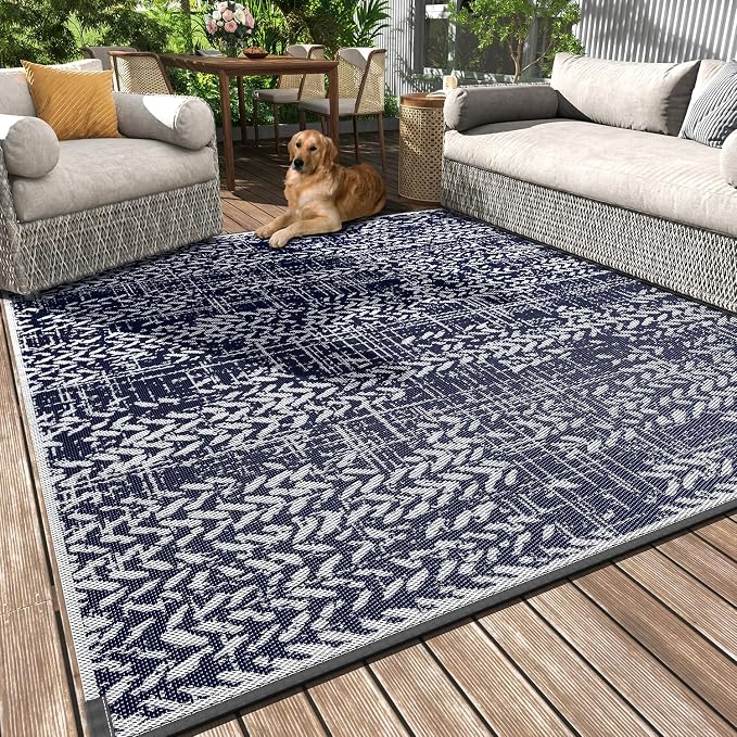 MontVoo Outdoor Rug Waterproof-Patio Rug Mat 5x8 Outdoor RV Camping Picnic Beach Mat Plastic Straw Rugs Outside Outdoor Area Rugs for Balcony Deck Backyard Navy Blue