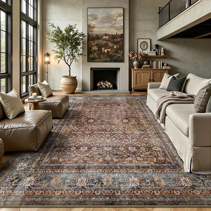 8x10 Area Rugs for Living Room - Washable Vintage Retro Large Rug, Soft Ultra Thin Non Slip Low Pile Traditional Distressed Boho Carpet for Bedroom Dining Room Home Office, Dark Red Brown