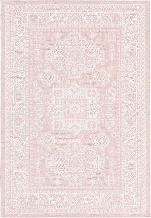 Unique Loom Outdoor Aztec Collection Area Rug - Chalca (6' 1" x 9' Rectangle, Pink/ Ivory)