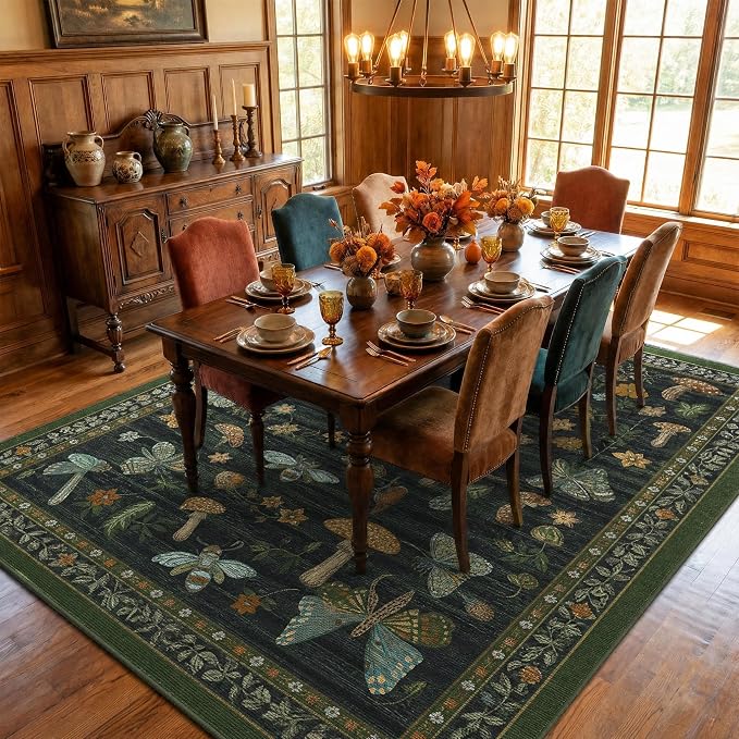 ROYHOME Mushroom Insect Washable Rug 5x7 for Bedroom Living Room Dark Green | Playroom Nursery Office Bug Moth Cute Funky Cottage Core Whimsical Boy Carpet Low-Pile Non-Slip Stain Resistant TPE Backing