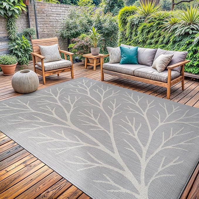 Washable Indoor Outdoor Rug 10x14 Modern Area Rugs Branch Pattern Non Shedding Waterproof Easy Clean Patio Deck Porch Living Room Bedroom Garden RV (10 X 14 Gray)